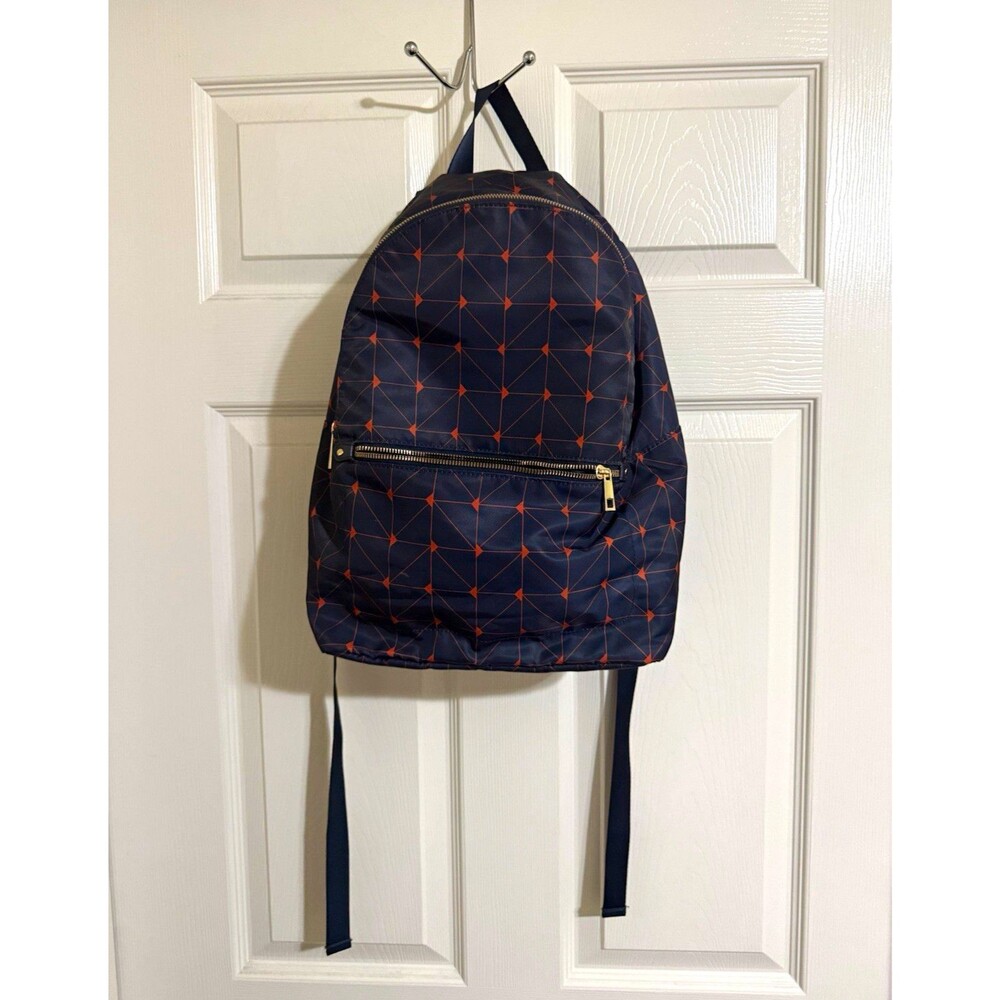 Navy/Orange Geometric Unisex Backpack Zip, Polyester, Adjustable Strap